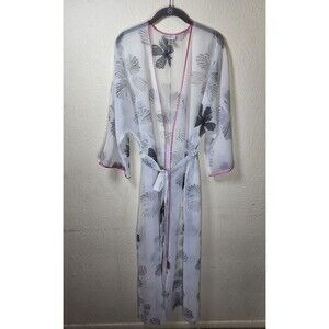 La Senza Womens S/M Sheer White Floral With Pink Trim Kimono Lingerie Robe